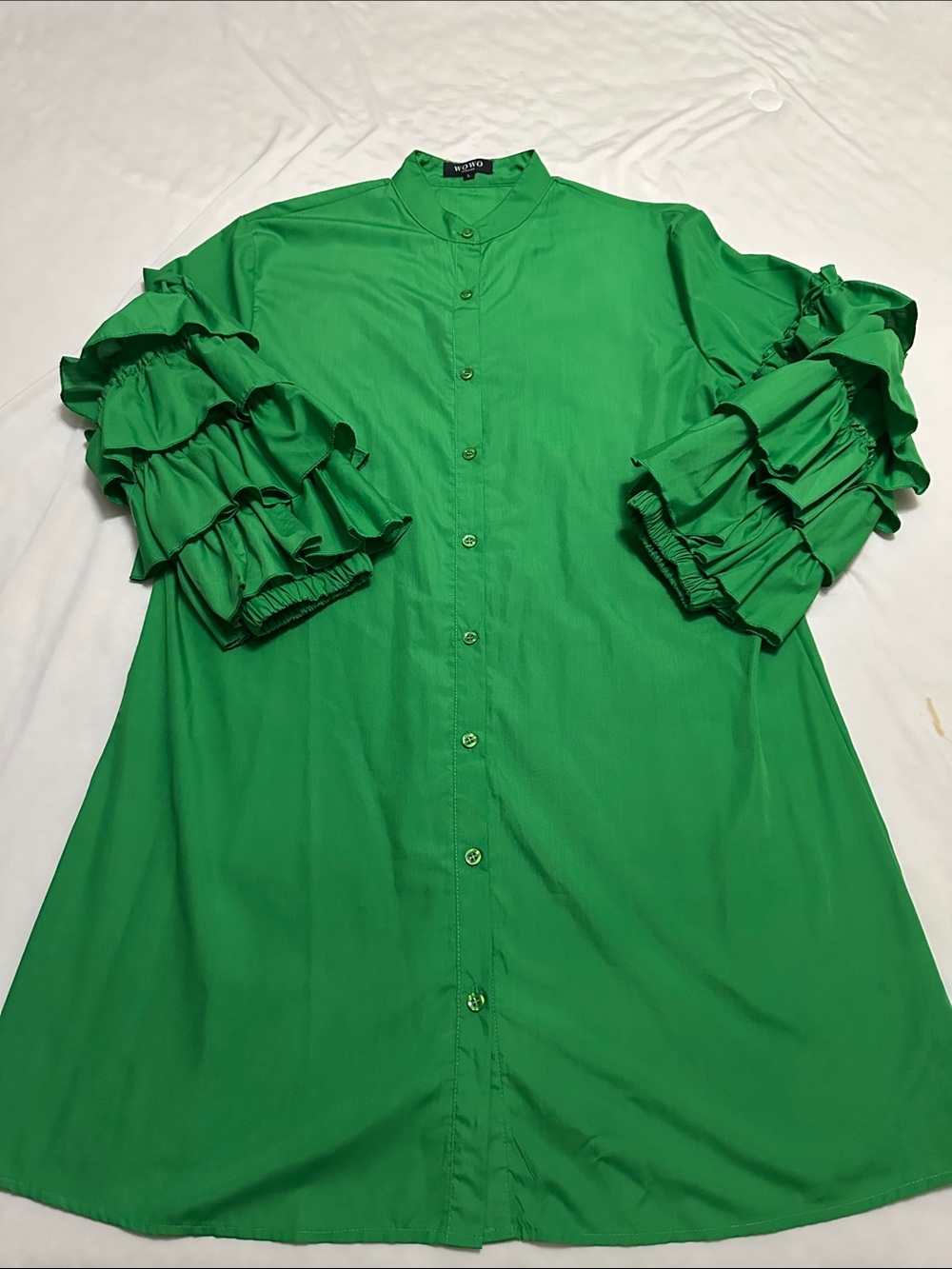 Women's Green Long Sleeve Ruffle Shirt Dress
